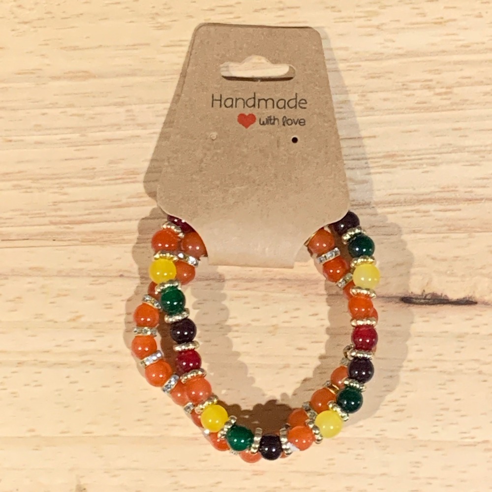 Handmade Beaded Bracelet Women OS Multicolor Boho Stretch Stackable Earthy Fall